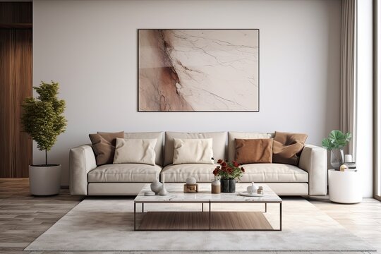 Contemporary apartment with beige sofa, marble coffee tables, and empty wall poster. .