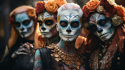 Obraz premium A group of people wearing vibrant and ornate skull makeup, embodying the festive spirit of Day of the Dead, Dia de Muertos Generative AI