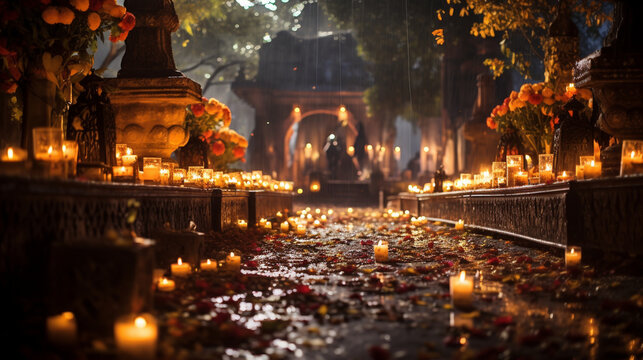 An image of a traditional Mexican cemetery beautifully lit up with candles and marigold petals, Day of the Dead, Dia de Muertos Generative AI