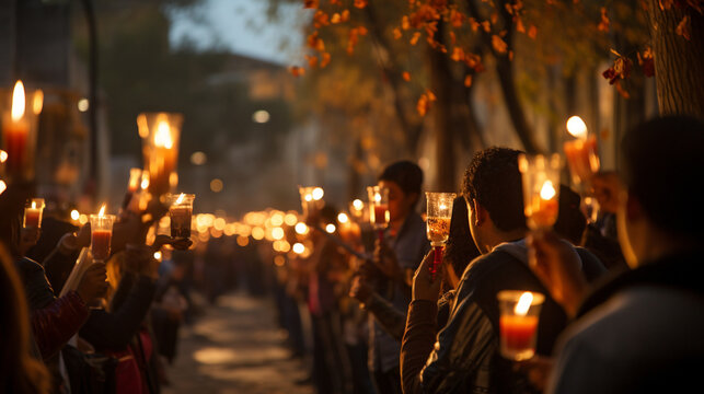 A view of an outdoor procession with participants carrying candles and marigold garlands, honoring the deceased, Day of the Dead, Dia de Muertos Generative AI