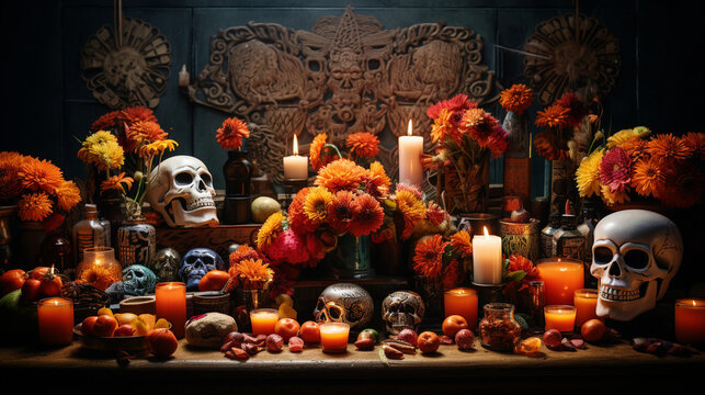 An artistic depiction of a colorful ofrenda (altar) adorned with photographs and offerings, Day of the Dead, Dia de Muertos Generative AI