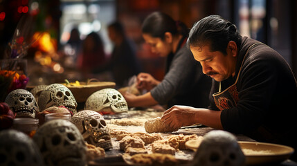 An image of people preparing traditional pan de muerto (bread of the dead) for offerings on altars, Day of the Dead, Dia de Muertos Generative AI
