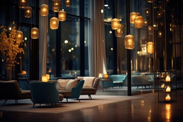 Luxury hotel interior with blurred bokeh light, suitable for design. - obrazy, fototapety, plakaty