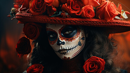 An artistic portrayal of La Catrina, an iconic figure associated with Dia de Muertos, dressed elegantly with skull makeup, Day of the Dead, Dia de Muertos Generative AI
