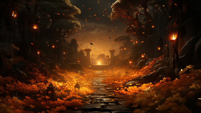 A beautifully illustrated scene showcasing marigold petals being scattered to create a path for the spirits, Day of the Dead, Dia de Muertos Generative AI