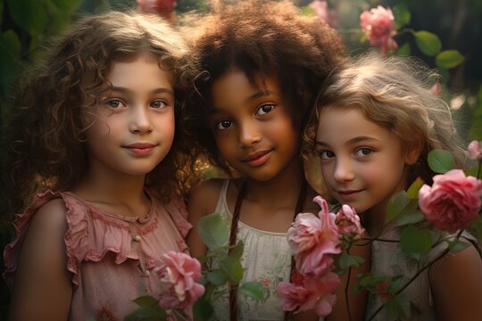 Three adorable little girls posing with flowers. A fictional character Created By Generated AI.