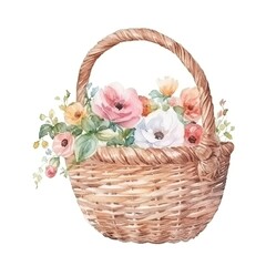 Fototapeta na wymiar wicker bag with flowers isolated on white background Watercolor illustration