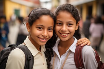 Obraz premium Two young girls smiling and posing for a photo. A fictional character Created By Generated AI.