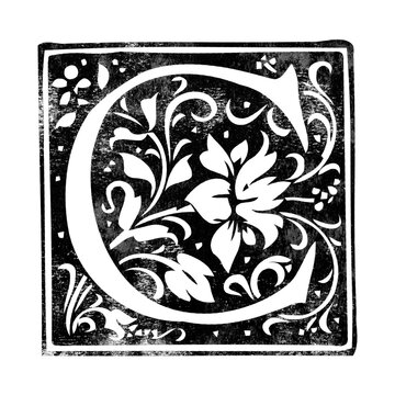 Letter &lsquo;C&rsquo; vintage initial drop cap stamp with distressed texture isolated on transparent background