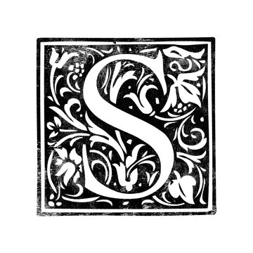 Letter &lsquo;S&rsquo; vintage initial drop cap stamp with distressed texture isolated on transparent background