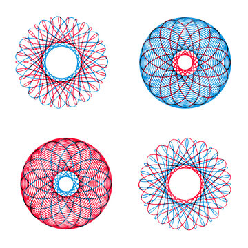 Isolated spirograph designs in red and blue with subtle distressed texture on transparent background