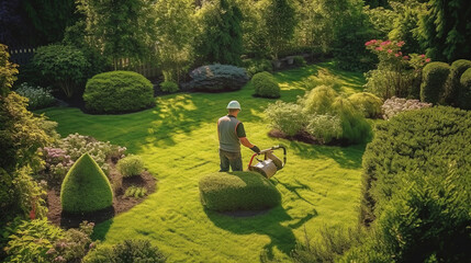 Residential Garden Worker Trimming Backyard Lawn - obrazy, fototapety, plakaty