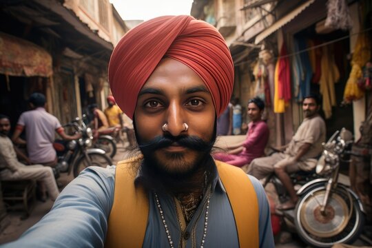 A bearded man wearing a turban poses for a picture in an urban setting. A fictional character Created By Generated AI.