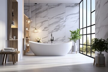 Stunning, modern luxury bathroom with realistic 3D design and low angle view. Featuring elegant white ceramic fixtures, bath tub, toilet, partition, houseplants, marble wall, and empty floor. Includes