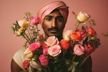 A man in a pink turban holds a bouquet of colorful flowers. A fictional character Created By Generated AI.