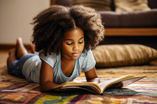 Small African American girl lying on the floor, reading a book. Generative AI