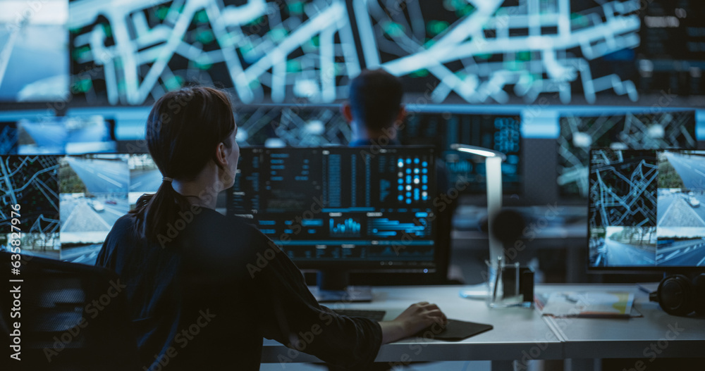 Poster Back View Female Officer Using her Computer to Monitor Live CCTV Footage. Modern Monitoring Office With Big Digital Screen And Working Places of Employees With Desktop Computers and Displays