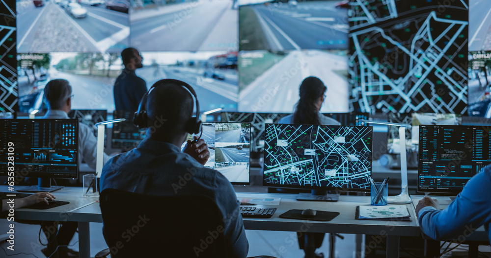 Poster Diverse Team of Specialists Analyze Surveillance Feeds, Monitor Targets on a GPS City Map, Ensure Efficient Traffic Operations. Intensive Work in a Monitoring Room with Big Data Analytics Engineers