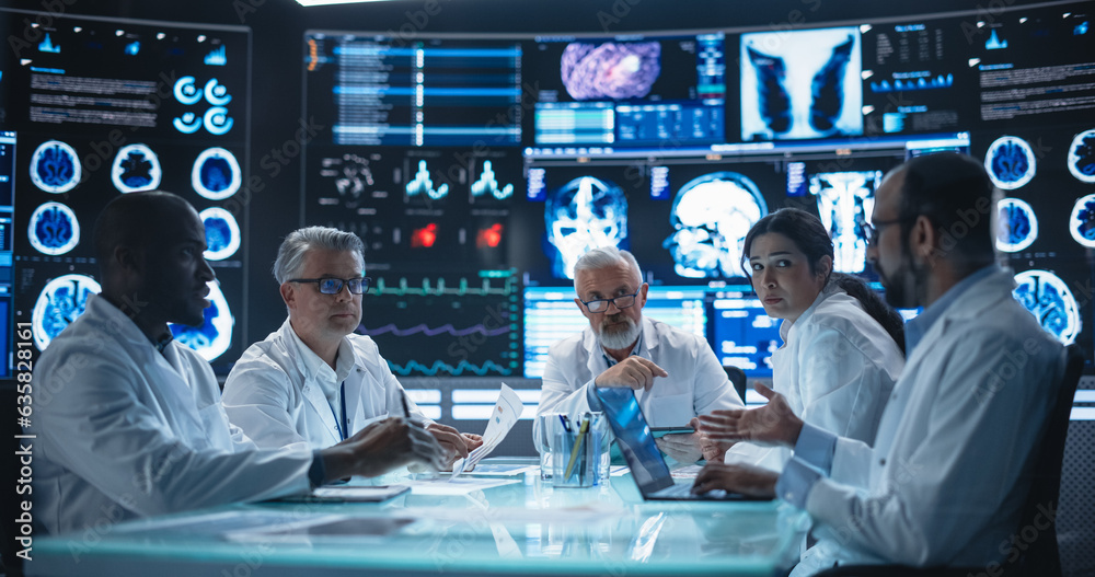 Poster chief doctor conducting a pre-operative assessment meeting with his surgical team. group of brain su