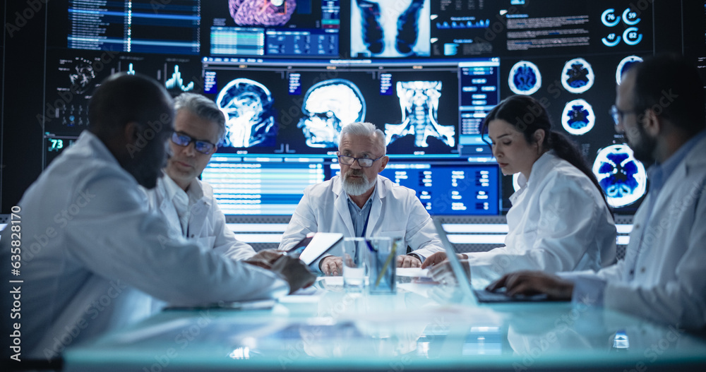 Aufkleber team of medical professionals having a meeting in a research and development science laboratory. div