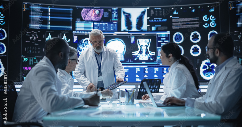 Poster chief doctor conducting a pre-operative assessment meeting with his surgical team. group of brain su