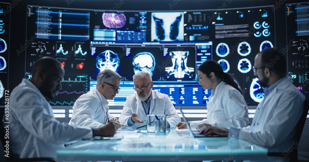 Aufkleber big pharma and medical device industrial company laboratory team members having a medical meeting in