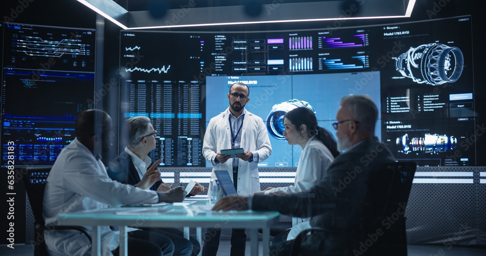Poster Chief Engineer Conducting a Quality Assessment Meeting With His Industrial Design Team. Group of Scientists Discussing Possible Development of a New Advanced Turbine Jet Engine with Electric Power