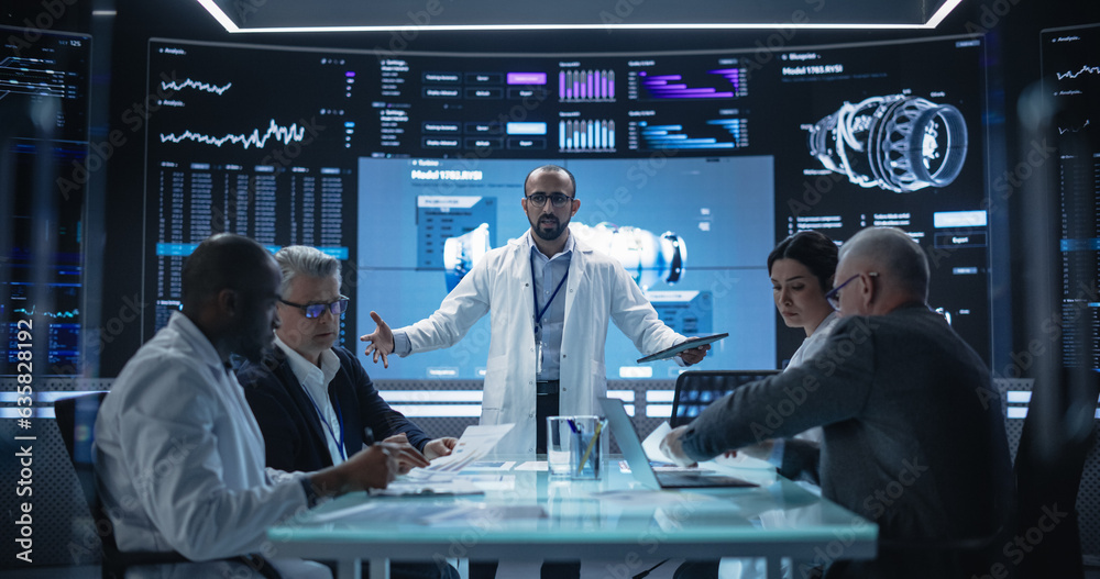 Poster Chief Engineer Conducting a Quality Assessment Meeting With His Industrial Design Team. Group of Scientists Discussing Possible Development of a New Advanced Turbine Jet Engine with Electric Power