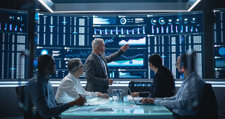 Senior Manager Holding a Financial Results Meeting with a Group of Fintech Investors and Partners. Diverse Team Celebrating Successful Year Over Year Profits, Cheering and Clapping Hands