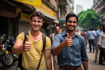Two young men giving thumbs up on the street. A fictional character Created By Generated AI.