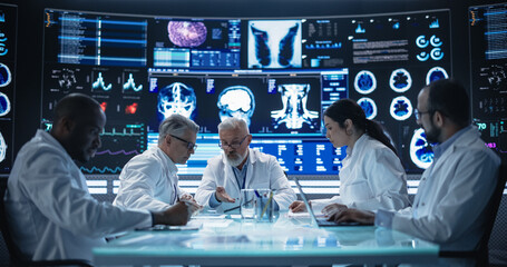 Big Pharma and Medical Device Industrial Company Laboratory Team Members Having a Medical Meeting in Front of Big Digital Screen with Advanced Treatment Experiment Reports and Patient Data