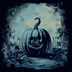 Sinister Pumpkin vector print - Cyanotype Halloween Print for men. Spooky pumpkin smiling. Dark blue and black art for t-shirts and Halloween wall decor.