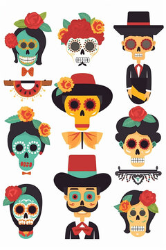 Representative Catrinas skulls for the commemoration of the day of the dead