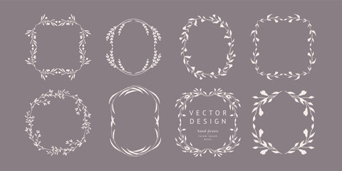 Elegant vector floral frames with hand drawn silhouettes of branches, flower and leaves. Set for label, corporate identity, wedding invitation, save the date, logo