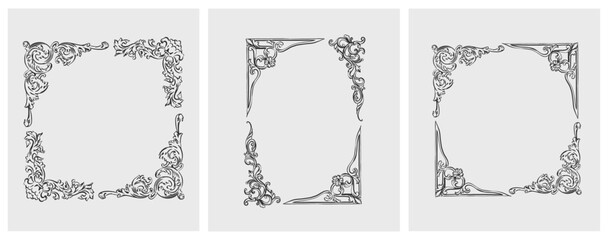 Hand drawn vector abstract outline,graphic,line art vintage baroque ornament floral frames set in minimalistic modern style.Baroque floral vintage outline design concept.Vector antique frame isolated. - 635829783