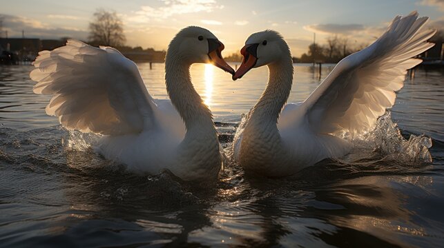 Two swans "dance" on the water facing each other, with outstretched wings, National Geographic award - winning photo