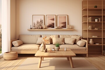 Beige room with wooden furniture, 3D visualization.