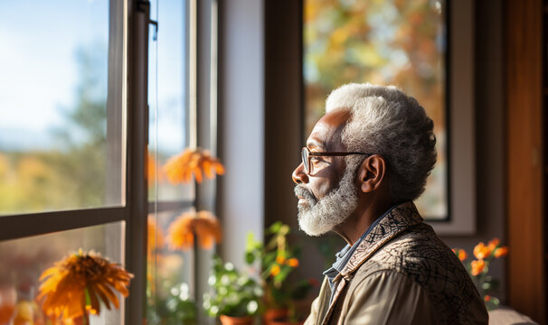 African american lonely senior man looking trough the window.Pensive dreaming calm alone elderly patient. old African bald man with gray beard senior mature grandpa sit on wheelchair at home looking 
