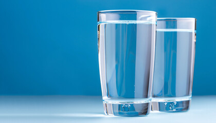 Glasses of water on blue. Close up. Copy space. Water balance for healthy and detox.