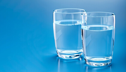 Glasses of water on blue. Close up. Copy space. Water balance for healthy and detox.