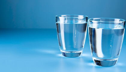 Glasses of water on blue. Close up. Copy space. Water balance for healthy and detox.