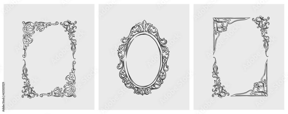 Wall mural hand drawn vector abstract outline,graphic,line art vintage baroque ornament floral frames set in mi - Wall murals