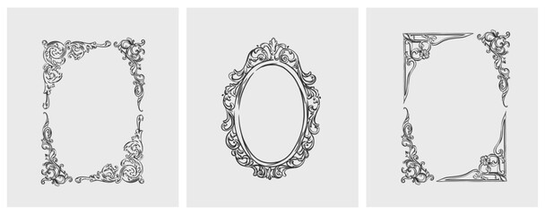 Hand drawn vector abstract outline,graphic,line art vintage baroque ornament floral frames set in minimalistic modern style.Baroque floral vintage outline design concept.Vector antique frame isolated. - 635831129