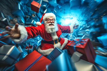 Happy Santa falls down a huge pit of presents. Santa claus with christmas gifts. Holiday mood
