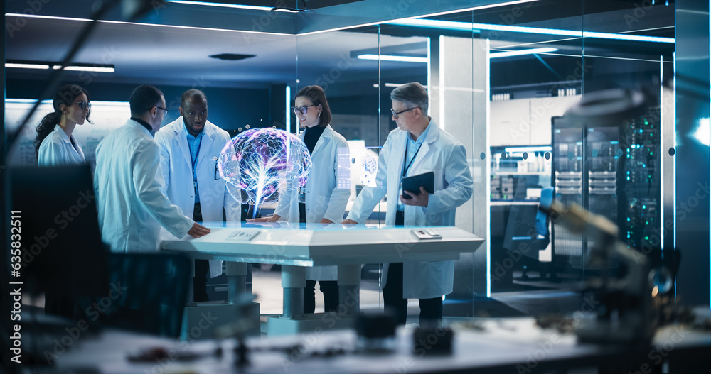 Poster Diverse Group Of Neuroscientists Having A Meeting Around Futuristic Computer Hologram Of Human Brain In Laboratory. Researchers Looking at AI-Powered VFX Projection High-Tech Concept.