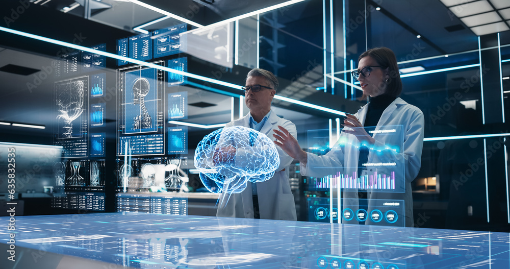 Poster Two Neuroscientists Working With Computer-Powered VFX Hologram Of Human Brain And Nervous System In Futuristic Laboratory. Caucasian Man And Woman Working On Solutions for Brain Damage Or Trumor