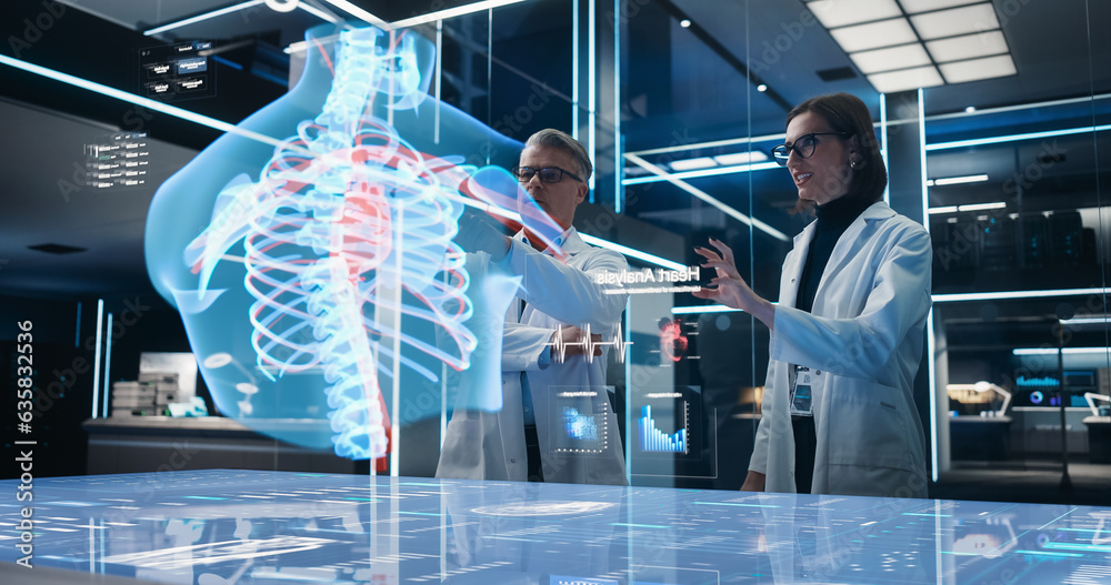 Poster Two Bioengineers Working With Computer-Powered VFX Hologram Of Human Chest With Heart And Blood Flow In Futuristic Lab. Caucasian Man And Woman Working On Innovative Heart Attack Prevention.