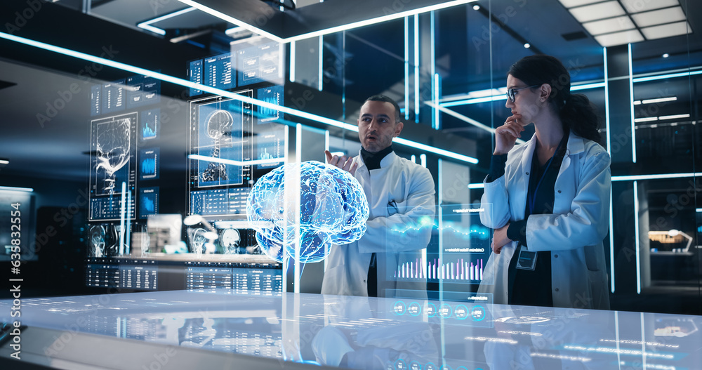 Aufkleber Two Neuroscientists Working With Computer-Powered VFX Hologram Of Human Brain And Nervous System In Modern Laboratory. Multiethnic Man And Woman Working On Technological Solutions for Brain Tumor.