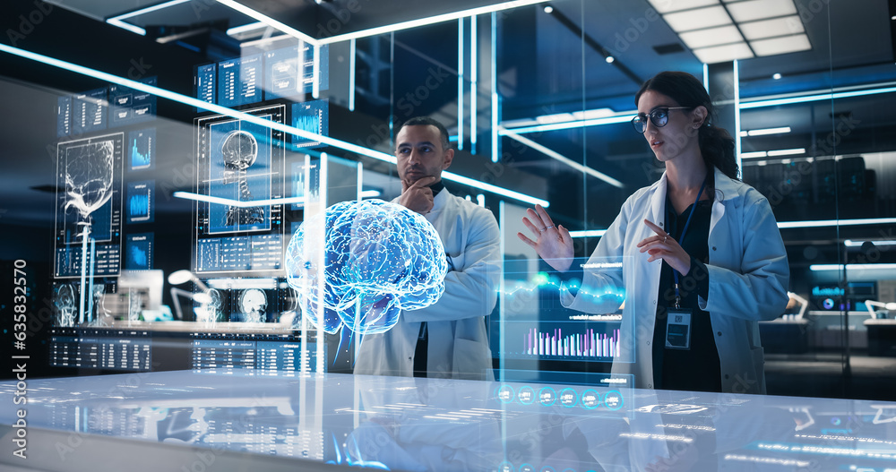 Poster Two Neuroscientists Working With Computer-Powered VFX Hologram Of Human Brain And Nervous System In Futuristic Laboratory. Multiethnic Man And Woman Working On Technological Solutions for Brain Tumor.