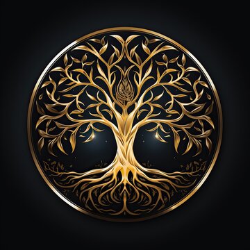 arbre de vie de couleur or avec un fond sombre - ia g&eacute;n&eacute;rative - ia